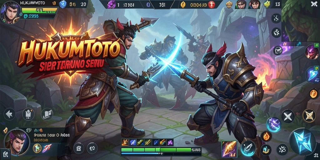 Screenshot HUKUMTOTO menampilkan aksi seru dalam pertarungan tim MOBA.