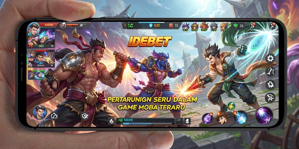 Screenshot utama IDEBET menampilkan aksi seru di arena MOBA.