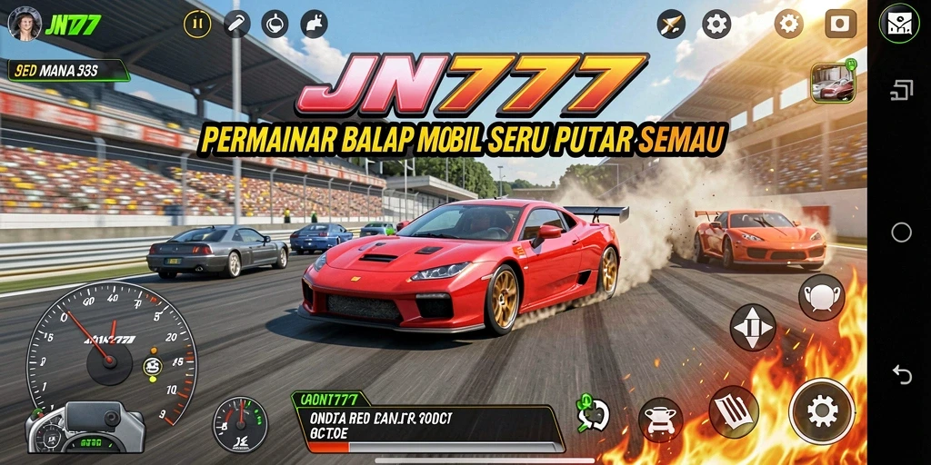 Screenshot utama JNT777 menampilkan aksi balap mobil yang mendebarkan.