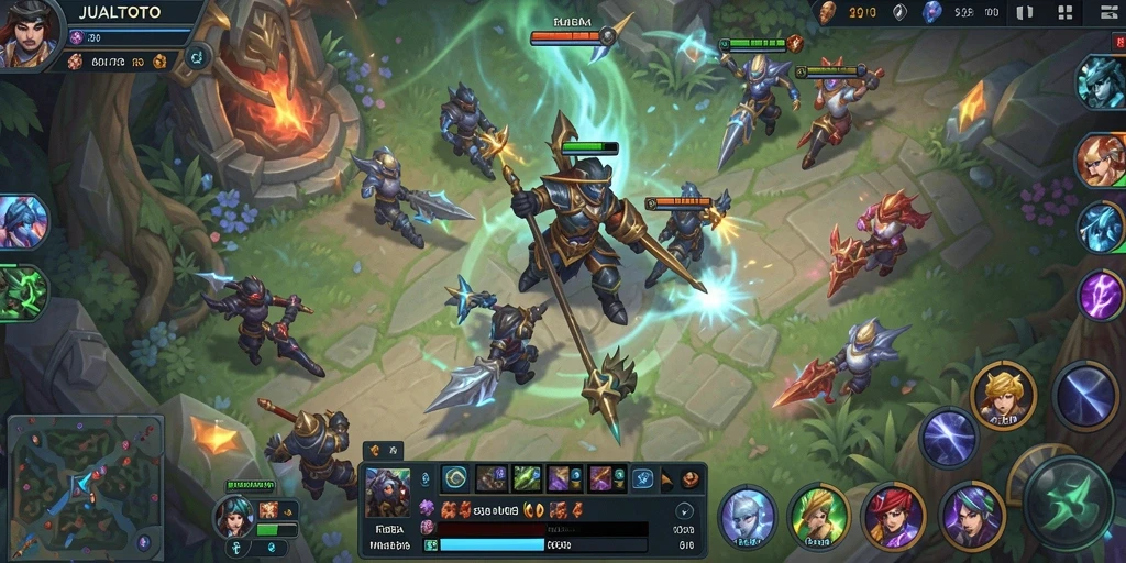 Screenshot JUALTOTO menampilkan aksi seru dalam pertempuran MOBA.