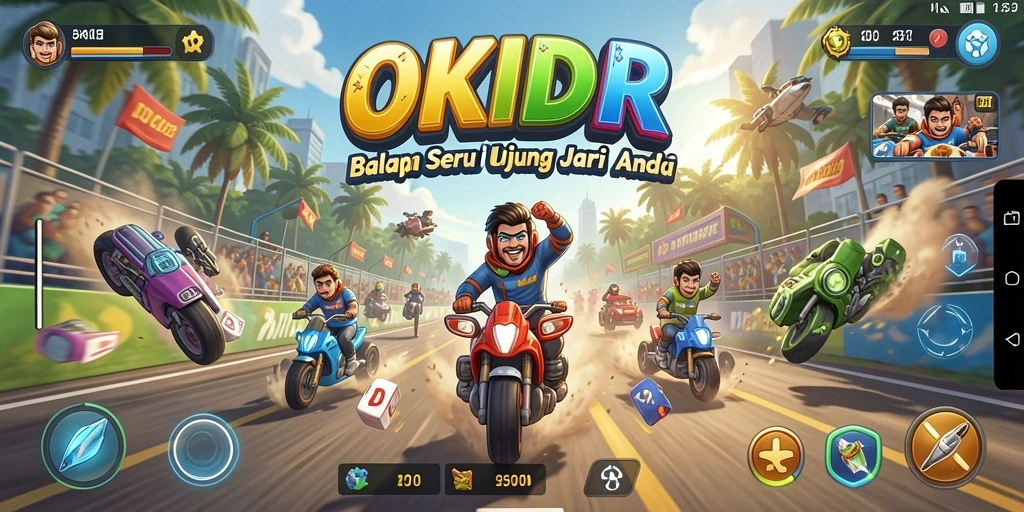 Tampilan gameplay OKIDR yang mendebarkan dan penuh aksi balapan.