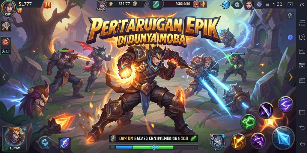 Screenshot menunjukkan karakter bertarung dalam arena MOBA yang intens.