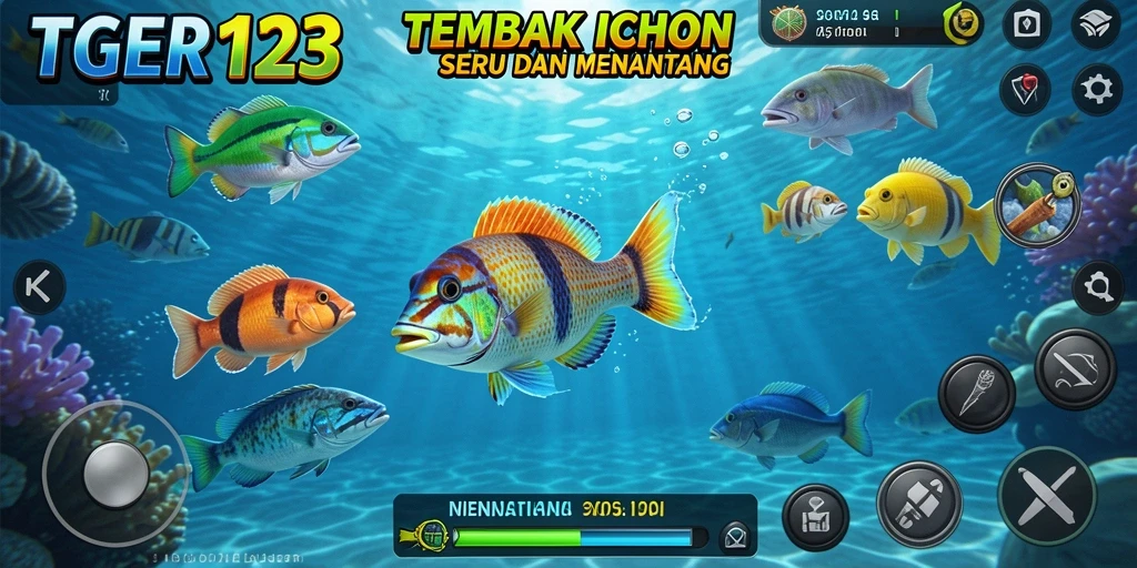 Tangkapan layar gameplay TGER123 yang menampilkan aksi menembak ikan.